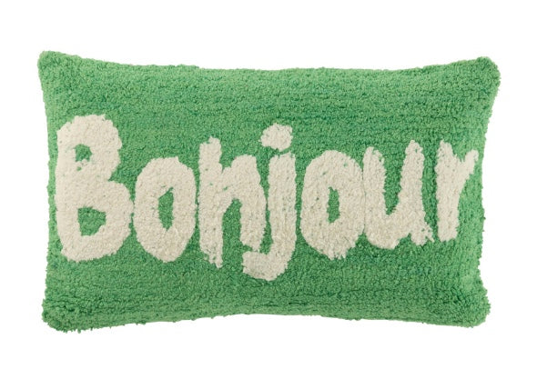 Kudde, grön med text Bonjour
