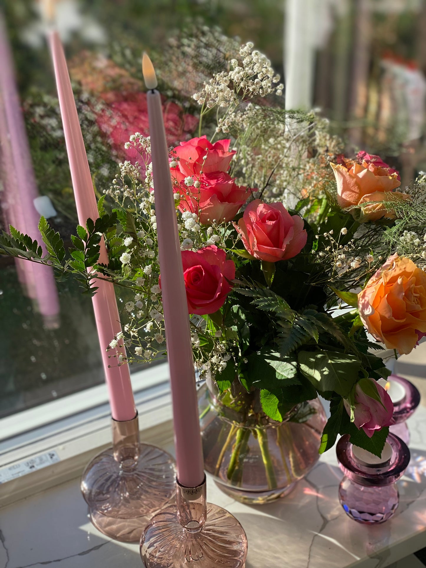 Ljusstake i glas, rosa