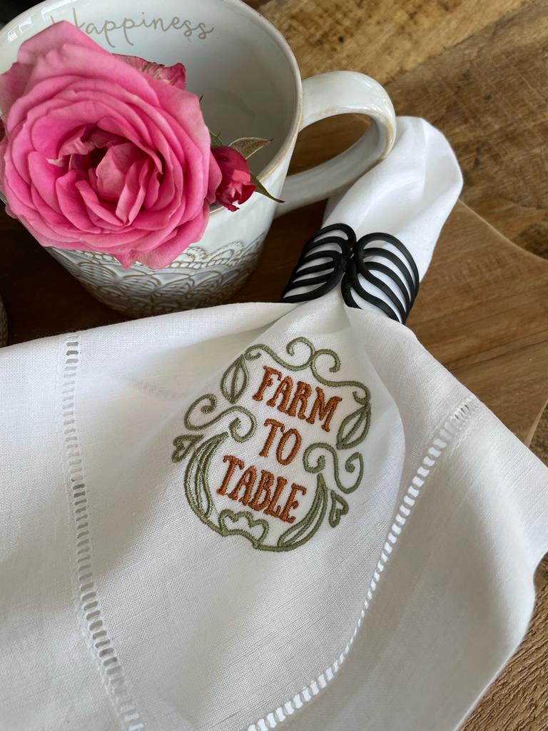 Servetter linne broderad Farm to the table ,vit 2-pack