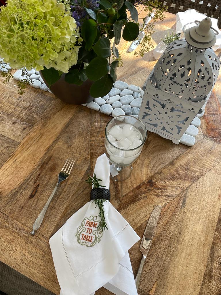 Servetter linne broderad Farm to the table ,vit 2-pack
