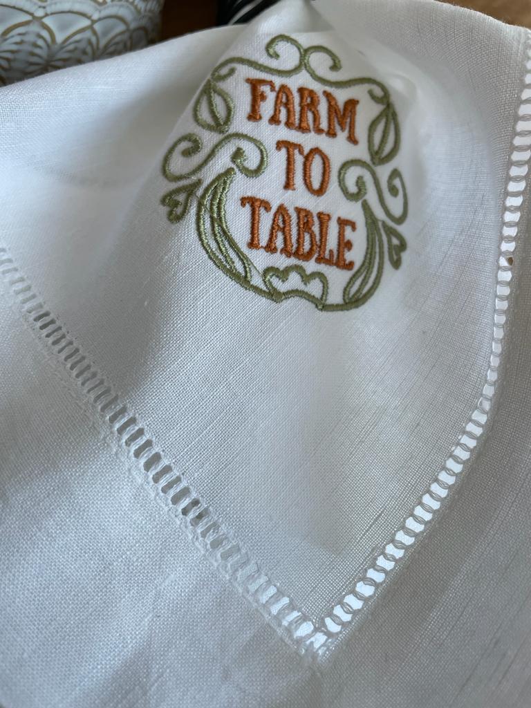 Servetter linne broderad Farm to the table ,vit 2-pack