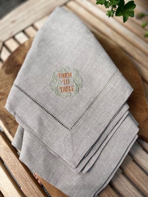 Servett i linne, broderad med Farm to table, 2-pack, naturfärgad