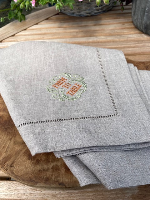Servett i linne, broderad med Farm to table, 2-pack, naturfärgad