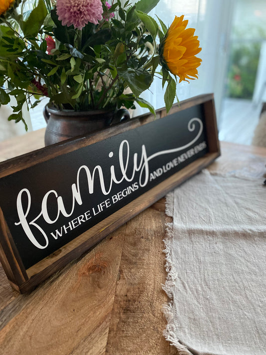 Träskylt "Family where life begins and love never ends"