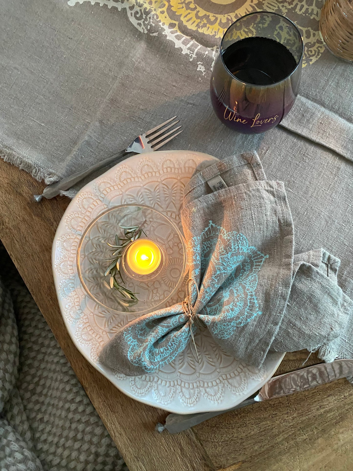 Servett i linne med pastellturkos tryck 2-pack